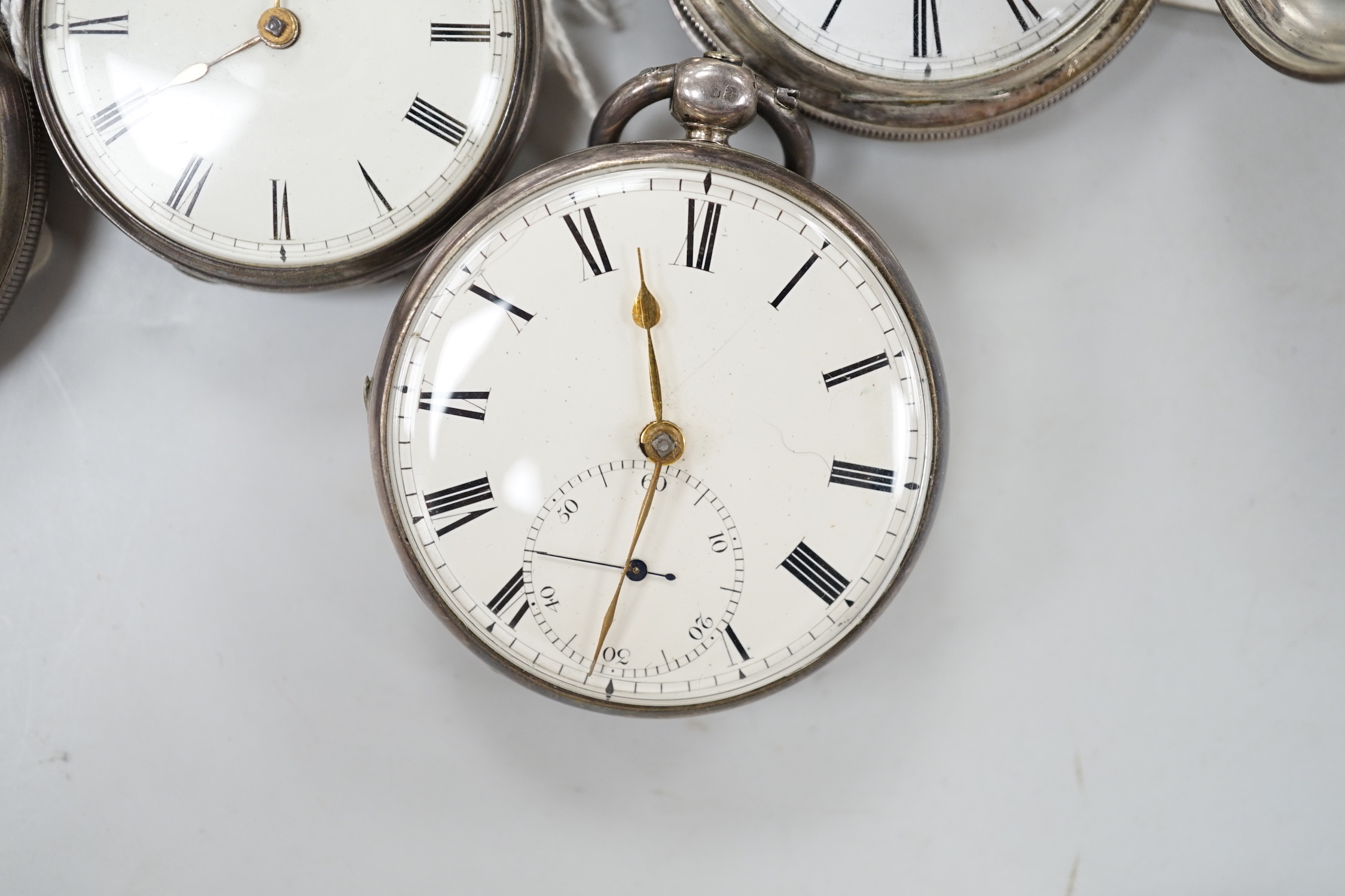 Ten assorted silver or white metal pocket watches including Sir John Bennett and Acme Lever.